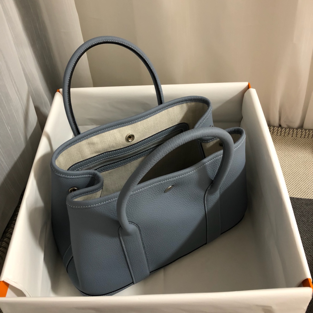 Hermes Garden Party 30cm Tote Handbag In Blue Lin Clemence Leather